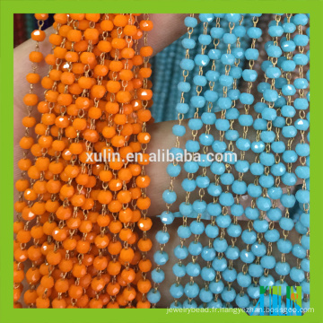 Perles rondes à facettes en verre de cristal de couleur à facettes Chaîne en métal de perles de chapelet de fil